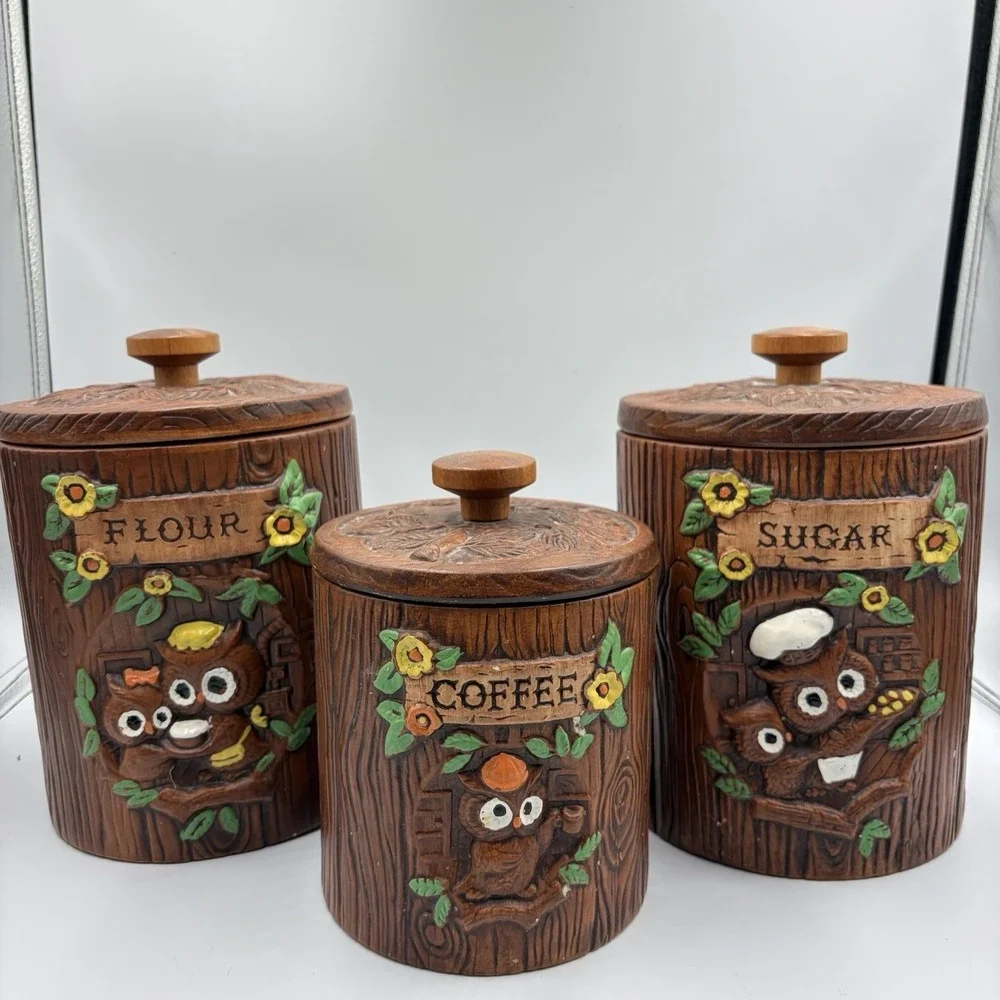 Vtg 1970's Woodsy Owl  Stump Canisters Treasure Craft USA Set of 3‎ MCM Rare HTF